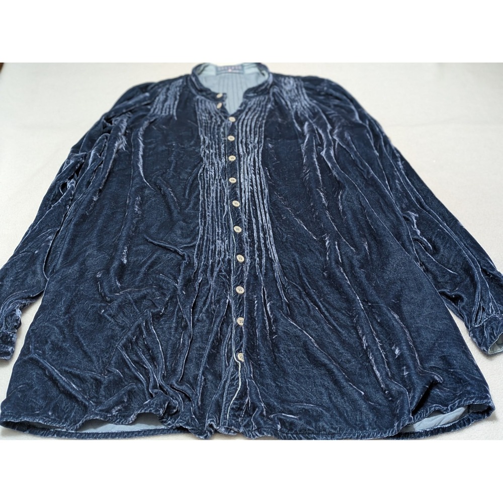 CP Shades Blue Crushed Velvet Button-Up Shirt S Silk Blend Tunic Lagenlook Artsy - Picture 2 of 12